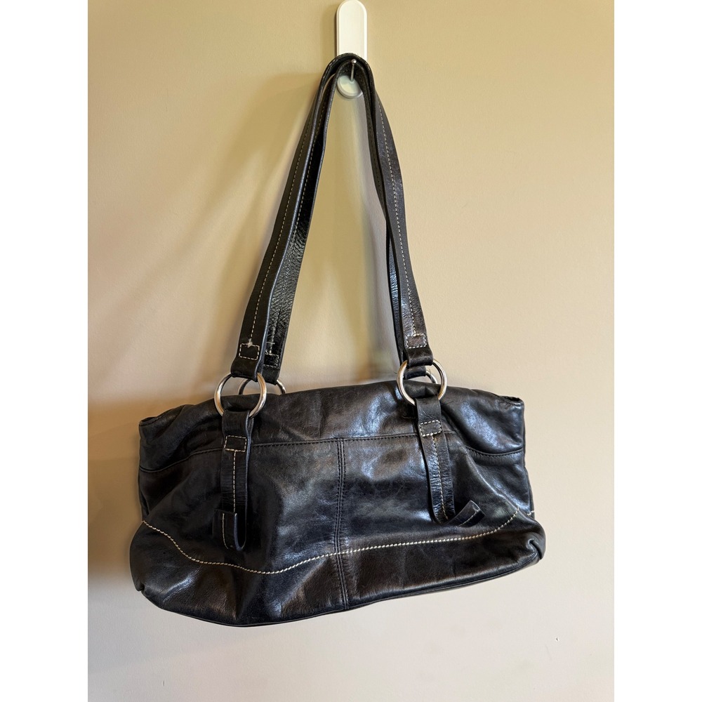 Kate Landry Black Leather Shoulder Bag Hobo Purse Silver Ring Accents - Picture 4 of 6
